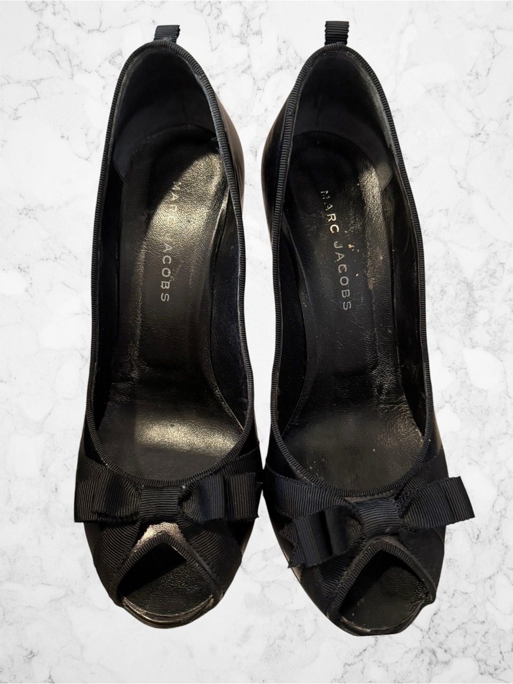 Marc Jacobs Black Peep-Toe Pumps with Grosgrain Bow